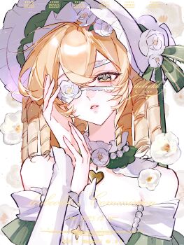 1girl bare_shoulders bonnet brown_eyes double-parted_bangs dress flower_eyepatch hair_between_eyes hands_up highres long_sleeves loobookk off-shoulder_dress off_shoulder original parted_lips solo upper_body watermark white_bonnet white_dress