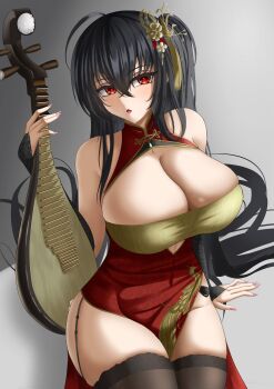 absurdres azur_lane black_hair breasts china_dress chinese_clothes cleavage_cutout clothing_cutout dress garter_straps highres huge_breasts osasa_(osasabeaf) pelvic_curtain taihou_(azur_lane) taihou_(phoenix&#039;s_spring_song)_(azur_lane)