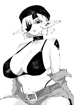 1girl absurdres belt belt_buckle bikini breasts buckle choker cleavage clenched_teeth commentary cowboy_shot elf english_commentary eyepatch greyscale hat hatching_(texture) highres jacket jacket_partially_removed large_breasts linear_hatching long_pointy_ears looking_at_viewer miregeist monochrome one_eye_covered original parted_lips pointy_ears short_hair short_shorts shorts shoulder_tattoo simple_background sitting skull_tattoo solo swimsuit tattoo teeth white_background
