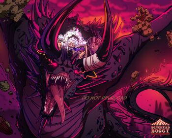 Rule 34 | alternate form, boneheadbuggy, curly eyebrows, devil fruit power, dragon, fangs, flying, gear fifth, glowing, glowing eyes, hagoromo, highres, horns, loki (one piece), monkey d. luffy, one piece, open mouth, purple sash, ragnir (one piece), red eyes, riding, sash, sharp teeth, shawl, smile, spoilers, squirrel, teeth, tongue, tongue out, waist sash, white hair, wings