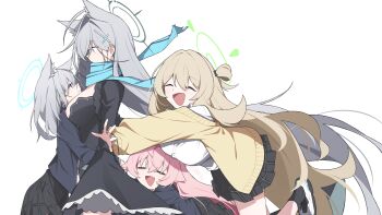 Rule 34 | 4girls, absurdres, ahoge, animal ear fluff, animal ears, arms around waist, between breasts, black choker, black dress, blue archive, blue eyes, blue halo, blue scarf, blush, breasts, broken halo, cardigan, choker, closed eyes, cross, cross hair ornament, dark halo, dress, extra ears, eye contact, face-to-face, fang, green halo, grey hair, hair bun, hair ornament, halo, head between breasts, height difference, highres, hoshino (blue archive), hug, hug from behind, inverted cross, jacket, large breasts, long hair, long sleeves, looking at another, medium hair, mmhomm, multiple girls, nonomi (blue archive), open mouth, pink hair, scarf, shiroko (blue archive), shiroko terror (blue archive), shirt, simple background, single side bun, skirt, smile, surprised, very long hair, white shirt, wolf ears, wolf girl, yellow cardigan