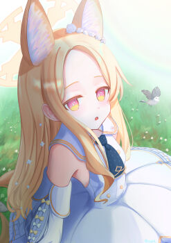 1girl absurdres am3lo animal_ear_fluff animal_ears bird black_necktie blonde_hair blue_archive capelet detached_sleeves dress fox_ears fox_girl gold_trim halo highres long-tailed_tit long_hair long_sleeves looking_at_viewer necktie open_mouth seia_(blue_archive) sleeveless sleeveless_dress solo tit_(bird) very_long_hair white_capelet yellow_halo