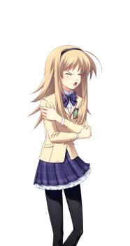 1girl ahoge arms_around_self black_hairband black_pantyhose blazer blonde_hair bow bowtie breasts brown_jacket chaos;head dress_shirt from_side frustrated game_cg hairband jacket lapels matsuo_yukihiro miniskirt nishijou_nanami non-web_source notched_lapels official_art open_mouth pantyhose petticoat plaid_bow plaid_bowtie plaid_clothes plaid_skirt profile purple_bow purple_bowtie purple_skirt red_trim school_uniform science_adventure shirt skirt small_breasts solo sprite suimei_academy_school_uniform swept_bangs transparent_background v-shaped_eyebrows white_shirt winter_uniform