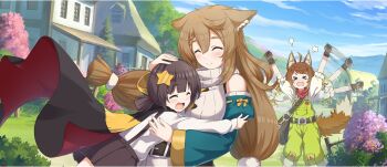 >_< 3girls ahoge amy_(konosuba) animal_ear_fluff animal_ears arms_up bag bandana bandana_around_neck black_cloak black_skirt blue_sky braid braided_sidelock brown_gloves brown_hair building child cloak closed_eyes closed_mouth cloud cloudy_sky day detached_sleeves double-parted_bangs droopy_ears fang game_cg gloves green_overalls green_sleeves hair_between_eyes hair_ornament hairpin highres hug komekko kono_subarashii_sekai_ni_shukufuku_wo! konosuba!_fantastic_days light_blush long_hair long_sleeves low_twintails medium_hair miia_(konosuba) miniskirt mole mole_under_eye multiple_girls official_art open_mouth outdoors overalls patchwork_clothes puff_of_air red_bandana shirt short_hair short_sleeves short_twintails shoulder_bag sidelocks skirt sky smile star_(symbol) star_hair_ornament suspender_skirt suspenders sweater sweater_vest swept_bangs tail turtleneck turtleneck_sweater twintails very_long_hair white_shirt white_sweater_vest