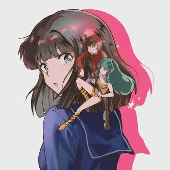 1boy 2girls afterimage animal_print bikini blue_sailor_collar blue_serafuku blue_shirt boots brown_eyes brown_hair cone_horns from_behind frown full_body green_hair grey_background highres horns knee_boots long_hair looking_back lum medium_hair miyake_shinobu moroboshi_ataru multiple_girls open_mouth print_bikini print_boots qrhara555 sailor_collar school_uniform serafuku shirt short_hair sidelocks sweatdrop swimsuit tiger_print upper_body urusei_yatsura