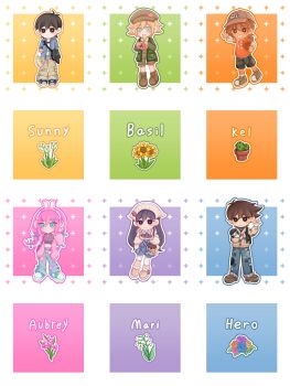 2girls 4boys :d :| \||/ absurdres adjusting_headphones animal_charm animal_ear_headphones animal_ears antenna_hair aqua_shoes aubrey_(birthday)_(omori) aubrey_(faraway)_(omori) aubrey_(omori) bag bag_charm baggy_pants ball bare_shoulders baseball_cap basil_(birthday)_(omori) basil_(faraway)_(omori) basil_(omori) basketball_(object) belt black_bag black_belt black_eyes black_hair black_shirt black_shorts blonde_hair blue_bow blue_eyes blue_flower blue_jacket blue_outline blue_pants blue_ribbon blue_rose blue_shoes blue_shorts blush boots border bow braid bright_pupils brother_and_sister brothers brown_bag brown_boots brown_hair brown_hat brown_overalls brown_pants brown_shoes cactus camouflage camouflage_shorts cardigan cardigan_partially_removed character_bag character_charm character_doll character_name charm_(object) chibi chibi_only chinese_commentary chocolate_chip_cookie closed_mouth clothes_writing clothing_cutout collared_jacket collared_shirt commentary_request converse cookie copyright_name crop_top cropped_shirt dark-skinned_male dark_skin deformed denim doll dot_nose double-parted_bangs double_horizontal_stripe drawstring ear_piercing elbow_carry english_text expressionless fake_animal_ears flower flower_pot flower_wreath food forest_bunny?_(omori) full_body gladiolus green_cardigan green_outline green_shoes grey_hat grey_hoodie grid_teeth grin hair_behind_ear hair_between_eyes hair_bow hair_ornament hairclip hand_up handbag hat head_wreath headphones headscarf hector_(omori) hero_(birthday)_(omori) hero_(faraway)_(omori) hero_(omori) highres holding holding_bag holding_ball holding_head_wreath holding_stuffed_toy hood hood_down hoodie jacket jeans kel_(birthday)_(omori) kel_(faraway)_(omori) kel_(omori) kneehighs layered_sleeves leg_hair legs_apart lily_of_the_valley long_hair long_sleeves looking_at_viewer low_ponytail low_twin_braids male_focus mari_(birthday)_(omori) mari_(faraway)_(omori) mari_(omori) mari_(spirit)_(omori) mewo midriff mr._plantegg_(omori) multiple_boys multiple_girls navel newsboy_cap no_sclera official_alternate_costume official_alternate_hairstyle omori open_cardigan open_clothes open_jacket open_mouth orange_background orange_flower orange_outline orange_rose orange_shirt outline outside_border outstretched_arm overall_shorts overalls pants parallel_hairclips piercing pink_background pink_bag pink_cardigan pink_flower pink_hair pink_outline pink_rose plant plastic_bag ponytail potted_plant puffy_long_sleeves puffy_sleeves purple_flower purple_outline purple_rose rabbit_ear_headphones rabbit_ears rainbrey_0801 ribbon ribbon-trimmed_pants rose shirt shoelaces shoes short-sleeved_jacket short_hair short_over_long_sleeves short_ponytail short_sleeves shorts shoulder_bag siblings sidelocks simple_background sleeveless sleeveless_turtleneck smile sneakers socks something_(omori) sparkle standing standing_on_one_leg star_(symbol) stuffed_animal stuffed_toy sunflower sunny_(birthday)_(omori) sunny_(omori) sweater tareme thighhighs torn_clothes torn_jeans torn_pants tulip turtleneck turtleneck_shirt turtleneck_sweater twin_braids very_long_hair waving white_border white_cardigan white_flower white_headscarf white_jacket white_outline white_pupils white_shirt white_socks white_thighhighs white_tulip yellow_flower yellow_outline yellow_rose