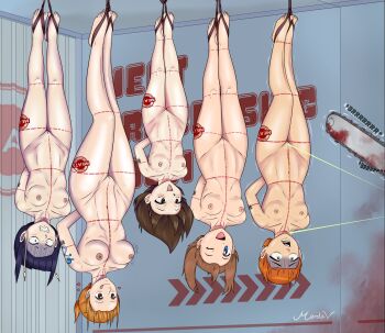 5girls age_difference arm_tattoo arms_behind_back bakuten_shoot_beyblade barcode barcode_tattoo ben_10 beyblade blood blue_eyes blush boku_no_hero_academia breasts brown_eyes brown_hair cannibalism chainsaw chest_tattoo clenched_teeth completely_nude constricted_pupils crossover cut-here_line green_eyes guro gwen_tennyson hanging happy heart imminent_death jiro_kyoka large_breasts leg_tattoo loli marstev may_(pokemon) medium_breasts medium_hair multiple_girls nami_(one_piece) nintendo nude one_eye_closed one_piece orange_hair pokemon pokemon_rse purple_hair scared short_hair size_difference small_breasts sound_effects stomach_tattoo tachibana_hiromi tattoo teeth tongue tongue_out upside-down watermark women_livestock