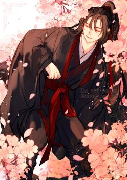 1boy aki_uzuzame bishounen black_hair black_hanfu branch brown_hair cherry_blossoms chinese_clothes closed_eyes closed_mouth commentary_request falling_petals flower full_body hair_between_eyes hair_ribbon hanfu high_ponytail highres in_tree long_hair long_sleeves male_focus modao_zushi petals pink_flower pink_petals ponytail red_ribbon red_sash ribbon robe sash sitting sitting_in_tree smile solo tree twitter_username very_long_hair watermark wei_wuxian wide_sleeves
