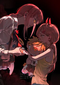 2girls aged_down angel_devil_(chainsaw_man) artist_name black_necktie braid chainsaw_man character_doll demon_horns denji_(chainsaw_man) doll from_side glowing glowing_eyes hair_ornament hairclip hayakawa_aki highres holding holding_stuffed_toy horns kuby_hq makima_(chainsaw_man) multiple_girls necktie orange_eyes parted_lips ponytail power_(chainsaw_man) pulling red_theme ringed_eyes sharp_teeth shirt sidelocks stuffed_animal stuffed_toy sweat tank_top teeth white_shirt yellow_tank_top