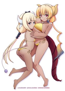 2girls absurdres bikini blonde_hair blue_eyes breasts dragon_girl dragon_horns dragon_tail feet full_body gold_bikini gyaru hair_ornament highres horns hug ilulu_(maidragon) kanna_kamui kobayashi-san_chi_no_maidragon lalox large_breasts loli long_hair micro_bikini multiple_girls red_eyes shortstack simple_background smile swimsuit tail tan thighs toes twintails white_background
