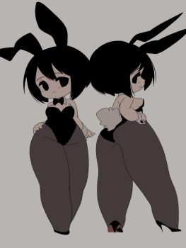 1girl animal_costume animal_ears black_bow black_bowtie black_eyes black_hair black_leotard black_outline blending bow bowtie breasts center-flap_bangs closed_mouth collar covered_navel detached_collar dot_nose facing_viewer fanged_bangs fishnet_pantyhose fishnets from_side full_body grey_background hand_on_own_hip high_heels highleg highleg_leotard highres leotard limited_palette looking_at_viewer medium_breasts multiple_views original outline pantyhose pear-shaped_figure playboy_bunny rabbit_costume rabbit_ears rabbit_tail rikona short_hair sideboob simple_background smile solid_circle_eyes solo standing strapless strapless_leotard tail thick_thighs thighs white_collar white_wrist_cuffs wrist_cuffs