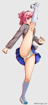1girl absurdres ass blazer blue_skirt blush brown_jacket brown_sweater_vest cameltoe crotch_seam doki_doki_literature_club doki_doki_literature_club_school_uniform eremiya_(loleremiya) fang grey_background grey_socks hair_ornament hairclip high_kick highres jacket kicking kneeling long_sleeves natsuki_(doki_doki_literature_club) open_mouth panties pink_eyes pink_hair pleated_skirt school_uniform shirt shoes short_hair simple_background skindentation skirt socks standing standing_on_one_leg sweater sweater_vest twintails underwear uwabaki white_panties white_shirt white_shoes wind wind_lift x_hair_ornament