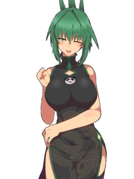Rule 34 | 1girl, animal print, bare arms, bear print, breasts, china dress, chinese clothes, cleavage cutout, clothing cutout, commentary request, curvy, dress, green eyes, green hair, groin, head tilt, highres, hypno sushi, impossible clothes, large breasts, legband, looking at viewer, matching hair/eyes, one eye closed, panda, panda print, shaman king, short hair, skin tight, skindentation, sleeveless, sleeveless dress, smile, snake print, spiked hair, tao jun, transparent background, triangle mouth, tsurime, wink