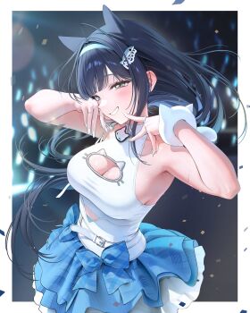 1girl absurdres aqua_headband audience belt black_hair blue_bow blue_skirt blurry blurry_background blush border bow breasts cat_cutout cat_ear-shaped_hair cat_necklace cat_ornament cleavage cleavage_cutout clothing_cutout commentary_request concert confetti depth_of_field fish_hair_ornament glowstick goddess_of_victory:_nikke green_eyes grin hair_intakes hair_ornament hairband half-closed_eyes hands_up headband highres idol jewelry large_breasts layered_skirt long_hair looking_at_viewer mint_(nikke) mole mole_on_breast outside_border penlight_(glowstick) ring shirt skirt skirt_bow sleeveless sleeveless_shirt smile solo sweat turtleneck turtleneck_shirt virtual_youtuber white_belt white_border white_shirt zhu_yin_(mannermana)