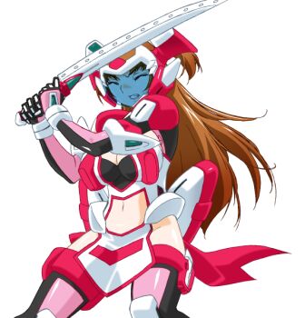 1girl armor breasts brown_hair cleavage clenched_teeth closed_eyes clothing_cutout face_shield game_cg gan-chan_(artist) gloves headgear helmet hitozuma_sentai_aisaiger holding holding_sword holding_weapon large_breasts long_hair magical_girl mecha_musume midriff morisaki_miku navel navel_cutout non-web_source official_art pelvic_curtain pink_thighhighs saiger_rose solo sword teeth thighhighs transparent_background two_side_up variant_set weapon