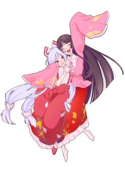 2girls :d arm_around_neck bamboo_print barefoot black_hair bow closed_eyes commentary fujimugi fujiwara_no_mokou hair_bow highres hime_cut houraisan_kaguya hug long_hair long_skirt multiple_girls ofuda ofuda_on_clothes open_mouth pants pink_shirt red_eyes red_pants shirt simple_background skirt smile suspenders sweatdrop touhou white_background white_bow white_hair wide_sleeves