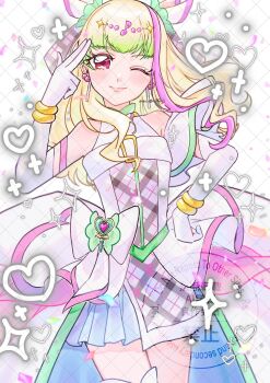 1girl bare_legs bare_shoulders blonde_hair blunt_bangs blush bubble_skirt choker confetti cure_zukyuun diamond_brooch dress earrings elbow_gloves finger_gun frills gingham_dress gloves green_hair hair_extensions hair_ornament hair_wings heart heart-shaped_pupils highres idol jewelry kimi_to_idol_precure kneehighs long_hair looking_at_viewer musical_note one_eye_closed pearl_earrings pink_hair precure puffy_dress puffy_sleeves purirun_(civilian)_(precure) purirun_(precure) ribbon_choker short_dress single_bare_leg single_kneehigh single_sleeve single_sleeve_cuff single_sock single_wide_sleeve skirt socks solo solo_focus symbol-shaped_pupils twitter_username ulsrnj1 watermark white_dress white_gloves wing_hair_ornament wrist_cuffs
