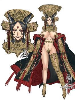 1girl armor asymmetrical_legwear black_hair breasts chinese_knot close-up full_body gold_pasties highres itosuke_inumi large_breasts mismatched_legwear navel nipple_tassels off_shoulder original ornate_armor ornate_clothes parted_bangs red_eyes robe sharp_teeth signature sleeves_past_fingers sleeves_past_wrists solo teeth thighhighs white_background