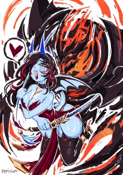 2025 absurdres aliasing aroused artist_name ass backless_dress backless_outfit black_hair black_lips blue_horns blue_skin blush bound bound_together bound_torso breasts captured choker claws cleavage colored_skin curvy demon demon_girl dota_(series) dota_2 dress elemental_(creature) embers english_text eyelashes eyes_visible_through_hair femdom fire fire_elemental hair_over_one_eye heart high_heels highleg highleg_dress highres holding holding_weapon horns huge_ass large_breasts leg_lock lipstick makeup monster multicolored_hair open_mouth panties popisya queen_of_pain_(dota) red_dress red_hair reverse_leg_lock self-upload shadow_fiend side_slit signature simple_background size_difference sleeveless sleeveless_dress speech_bubble spoken_heart standing_leg_lock sweat tail teeth thick_thighs thighhighs thighs two-tone_hair underwear weapon whip white_background wide_hips wings