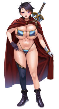 1girl absurdres armor asymmetrical_legwear bikini bikini_armor blue_eyes blush boots breasts cape commission elbow_gloves eyepatch_bikini full_body gloves hand_on_own_hip highleg highleg_bikini highres huge_breasts kisaragi_tsurugi looking_at_viewer micro_bikini mismatched_legwear navel open_mouth original pixiv_commission purple_eyes red_cape simple_background single_thighhigh skindentation smile solo standing swimsuit sword thighhighs thighs tomboy warrior weapon white_background