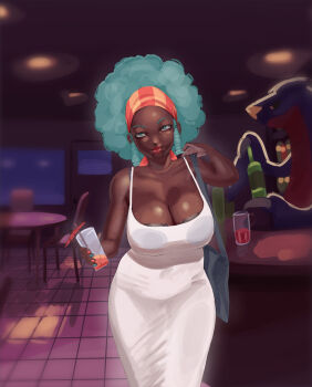 1girl bare_shoulders big_hair black_bra bra bra_peek breasts cleavage dark-skinned_female dark_skin dress garchomp gen_4_pokemon green_eyes green_hair headband highres huggytug indoors large_breasts lenora_(pokemon) nintendo pokemon pokemon_bw red_lips underwear very_dark_skin white_dress