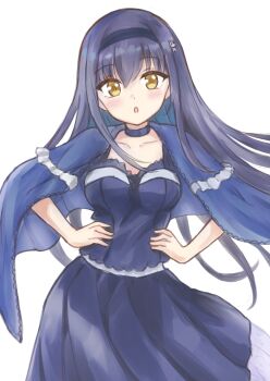 1girl :o black_camisole black_choker black_hair black_hairband black_shirt blue_capelet blush bone_hair_ornament breasts camisole capelet choker collarbone commentary cowboy_shot eyes_visible_through_hair floating_hair free_palet frilled_capelet frills hair_between_eyes hair_ornament hairband hands_on_own_hips highres kushima_kamome large_breasts long_hair long_skirt looking_at_viewer open_mouth shirt simple_background skirt skull_and_crossbones skull_hair_ornament solo straight_hair summer_pockets very_long_hair white_background yellow_eyes yellow_pupils