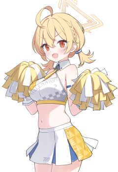 1girl :d absurdres ahoge bare_shoulders blonde_hair blue_archive blue_skirt blush braid breasts brown_eyes cheerleader chinese_commentary cleavage clothes_writing commentary_request cowboy_shot detached_collar halo hands_up highres holding holding_pom_poms jyt kotori_(blue_archive) kotori_(cheer_squad)_(blue_archive) large_breasts looking_at_viewer making-of_available millennium_cheerleader_outfit_(blue_archive) millennium_science_school_logo miniskirt multicolored_skirt multicolored_sports_bra navel official_alternate_costume open_mouth painttool_sai_(medium) partial_commentary pom_pom_(cheerleading) pom_poms short_hair short_twintails simple_background skirt smile solo sports_bra triangle_halo twintails two-tone_sports_bra v-shaped_eyebrows w_arms white_background white_skirt white_sports_bra yellow_halo yellow_skirt yellow_sports_bra