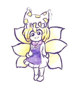 1girl animal_ears animal_hat black_eyes blonde_hair blue_tabard chibi chibi_only closed_mouth dress extra_tails fox_ears fox_girl fox_tail frilled_dress frills hat long_sleeves mob_cap mob_face pale_skin shoes short_hair simple_background smile solo standing tabard tail thatartistann touhou white_background white_dress white_hat white_shoes yakumo_ran