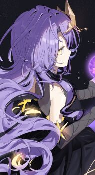 Rule 34 | 1girl, black dress, black hair, blonde hair, breasts, colored inner hair, comiket 107, commentary, detached sleeves, dress, english commentary, halter dress, halterneck, highres, hololive, hololive indonesia, large breasts, long hair, looking at viewer, moona hoshinova, moona hoshinova (goddess), multicolored hair, nyori, official alternate costume, official alternate hairstyle, official artist extra, purple eyes, purple hair, see-through clothes, see-through sleeves, sleeveless, sleeveless dress, solo, virtual youtuber, wavy hair, yellow eyes