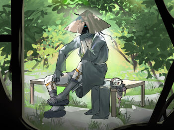 Rule 34 | 1boy, 1girl, absurdres, aeng-du (project moon), bamboo-hatted kim, bench, black coat, black gloves, black kimono, black sandals, black shoes, blue eyes, chibi, coat, commentary, flying sweatdrops, gloves, glowing, glowing eyes, hairband, hand on own chin, hand on own hip, hat, highres, japanese clothes, jingasa, kimono, leaf, leg up, limbus company, long hair, open clothes, open coat, project moon, red hairband, sandals, scar, scar on arm, scar on chest, scar on face, scar on leg, shaded face, shoes, shoggoth (sirens20211), sitting, sweatdrop, torn clothes, torn hat, tree, very long hair, white trim, x x