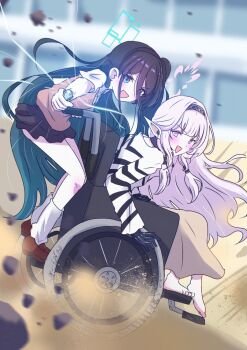 2girls :d accelerator_(toaru_majutsu_no_index) accelerator_(toaru_majutsu_no_index)_(cosplay) aiming aiming_at_viewer aris_(blue_archive) black_hair black_hairband black_skirt blue_archive blue_eyes blue_halo brown_footwear brown_skirt brown_sweater_vest coin cosplay drifting dust electricity electrokinesis giorgio_(yo_sumire_sola1) hairband halo highres himari_(blue_archive) holding holding_coin long_hair looking_at_viewer miniskirt misaka_mikoto misaka_mikoto_(cosplay) multiple_girls open_mouth pink_halo pointy_ears psychic railgun_(misaka_mikoto) school_uniform shirt sitting skirt smile socks striped_clothes striped_shirt summer_uniform sweater_vest toaru_kagaku_no_railgun toaru_majutsu_no_index toaru_majutsu_no_index:_endymion_no_kiseki tokiwadai_school_uniform very_long_hair wheelchair white_hair white_socks
