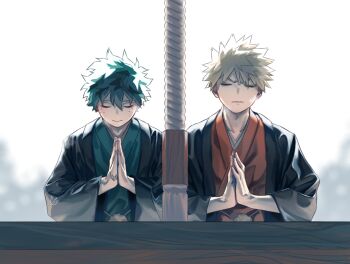 Rule 34 | 2boys, backlighting, bad id, bad pixiv id, bakugou katsuki, black haori, blonde hair, boku no hero academia, breath, closed eyes, commentary, cut (nifuhami 35), eyebrows hidden by hair, facing viewer, freckles, furrowed brow, green hair, green kimono, hair between eyes, hands up, haori, haori himo, japanese clothes, kimono, long sleeves, male focus, midoriya izuku, multiple boys, orange kimono, outdoors, own hands together, palms together, parted lips, praying, rope, scar, scar on hand, short hair, shrine, side-by-side, spiked hair, straight-on, upper body, v-shaped eyebrows, white background, wide sleeves, wrinkled fabric