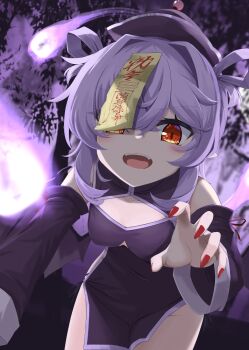1girl akisome_hatsuka alternate_costume bat_wings black_dress black_thighhighs breasts china_dress chinese_clothes clothing_cutout detached_sleeves dress jiangshi_costume long_sleeves looking_at_viewer low_wings ofuda ofuda_on_head open_mouth pink_hair pointy_ears red_eyes red_nails remilia_scarlet small_breasts solo thighhighs touhou wings