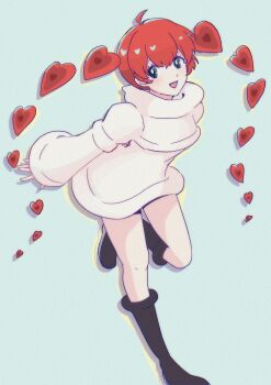 1girl android black_socks bright_pupils commentary_request green_background heart heart-shaped_hair highres hood hoodie legs looking_at_viewer naturally_detached_hair open_mouth persona persona_5 persona_5_scramble:_the_phantom_strikers red_hair shrug_(clothing) socks sophia_(p5s) turtleneck_shrug white_hoodie white_pupils