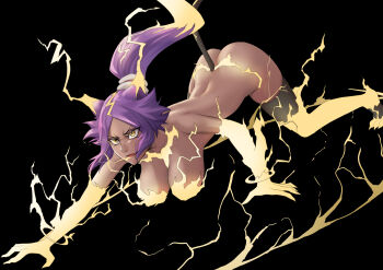 1girl all_fours alternate_form ass bare_shoulders black_background black_thighhighs bleach bleach:_sennen_kessen-hen breasts butt_crack collarbone dark-skinned_female dark_skin electricity electrokinesis female_focus full_body hair_ears hair_ornament hanging_breasts large_breasts long_hair parted_bangs ponytail purple_hair sakuya_(liao_kj) shihouin_yoruichi simple_background tail thighhighs thighs yellow_electricity yellow_eyes