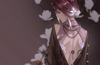 Rule 34 | 1girl, absurdres, backless dress, backless outfit, bare back, bead necklace, beads, bei lin, black jacket, branch, china dress, chinese clothes, dress, flower, flower hairpin, from behind, gradient background, gradient hair, hair between eyes, highres, jacket, jewelry, looking to the side, magnolia, median furrow, multicolored hair, multiple necklaces, necklace, official alternate costume, path to nowhere, pink flower, profile, purple eyes, purple hair, red background, see-through clothes, see-through jacket, shadow, shalom (path to nowhere), shoulder blades, smile, solo, updo, upper body, white flower