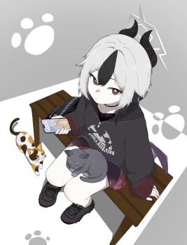 1girl 686panda absurdres alternate_hairstyle animal animal_on_lap black_choker black_hair black_hoodie black_horns black_shoes blue_archive bright_pupils cat cellphone choker commentary_request demon_horns demon_wings from_above grey_hair grey_halo halo highres holding holding_phone hood hoodie horns kayoko_(blue_archive) long_sleeves looking_at_viewer low_wings medium_hair multicolored_hair on_bench on_lap phone plaid_clothes plaid_skirt print_hoodie purple_wings red_eyes red_skirt shoes single_wing sitting skirt sleeves_past_wrists smartphone solo two-tone_hair white_pupils wings wolf_cut