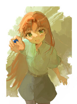 Rule 34 | 1girl, :d, absurdres, border, collared shirt, commentary, cowboy shot, crystal, denim, denim shorts, green eyes, green shirt, highres, holding, holding crystal, long hair, looking at viewer, minamisuwari, open mouth, orange hair, outside border, parted bangs, reaching, reaching towards viewer, ruri no houseki, shirt, short sleeves, shorts, smile, solo, standing, tanigawa ruri, very long hair, white border, white shirt