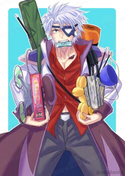 Rule 34 | 1boy, absurdres, armor, balloon, balloon animal, belt, blue eyes, book, box, collarbone, collared shirt, cowboy shot, eyepatch, galaxy angel, highres, holding, holding balloon, holding book, holding box, kitaru, lester coolduras, looking at viewer, red shirt, shirt, short hair, shoulder armor, sweatdrop, white hair