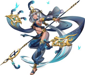 1girl :d absurdly_long_hair aka_(langrisser) arabian_clothes bare_shoulders belly_dancing blue_butterfly blue_feathers blue_panties blue_sandals blue_shawl blue_sleeves blue_thighhighs blue_veil bracelet braid braided_sidelocks breasts bridal_gauntlets brooch bug butterfly choker circlet dancer dancing dark-skinned_female dark_skin detached_sleeves feather_hair_ornament feathers floating_clothes floating_hair floating_veil full_body game_cg gem gold gold_bracelet gold_trim grey_hair hair_between_eyes hair_ornament harem_outfit harem_pants highres holding holding_staff insect jewelry langrisser langrisser_mobile large_breasts leg_up legs long_hair long_sidelocks looking_at_viewer low_ponytail navel official_alternate_costume official_art open_mouth outstretched_hand panties pants pantyshot pelvic_curtain ponytail purple_eyes sandals second-party_source see-through_clothes see-through_pants see-through_shawl shawl shiny_skin sideboob sidelocks simple_background smile solo staff standing standing_on_one_leg stomach tachi-e thighhighs toes transparent_background underwear veil very_long_hair