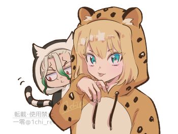 1boy 1girl :p animal_costume animal_ears animal_hood animal_print blonde_hair blue_eyes chibi dr._stone gradient_hair green_hair hood hood_up ishigami_senkuu kohaku_(dr._stone) leopard_ears looking_at_viewer multicolored_hair ninomae_gin red_eyes short_hair simple_background tail tongue tongue_out white_background