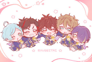 5boys ahoge black_hair blue_hair brown_hair clenched_teeth commentary_request ensemble_stars! flower green_eyes hair_over_one_eye hate_(lato_nyaan) long_sleeves male_focus morisawa_chiaki multicolored_hair multiple_boys nagumo_tetora necktie one_eye_closed one_eye_covered open_mouth outstretched_arm parted_bangs purple_hair red_eyes red_hair ryuseitai_(ensemble_stars!) sengoku_shinobu shinkai_kanata short_hair smile star_(symbol) streaked_hair takamine_midori teeth twitter_username two-tone_hair v white_flower yellow_eyes yellow_flower