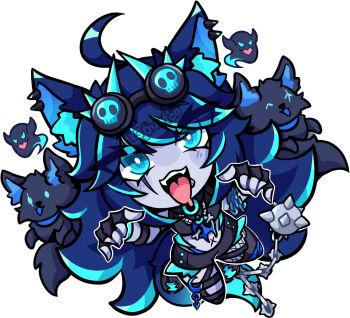 1girl ahoge animal_ears baby_animal black_gloves blue_eyes blue_hair blue_skin chibi colored_skin dog fangs fingerless_gloves fishnet_top fishnets gloves goggles indie_virtual_youtuber long_hair looking_at_viewer open_mouth puppy scar scar_across_eye scar_on_face single_fishnet_legwear solo spite_(vtuber) tail tongue tongue_out virtual_youtuber white_background wolf_ears wolf_girl wolf_tail x3dustco