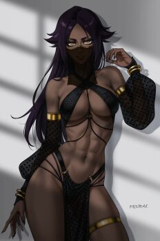 Rule 34 | abs, ai-assisted, artist name, bare shoulders, bleach, bleach: sennen kessen-hen, bracelet, breasts, collarbone, dark-skinned female, dark skin, detached sleeves, face veil, hair down, jewelry, large breasts, navel, prixmal, purple hair, shadow, shihouin yoruichi, solo, standing, stomach, thigh strap, thighs, toned, toned female, yellow eyes