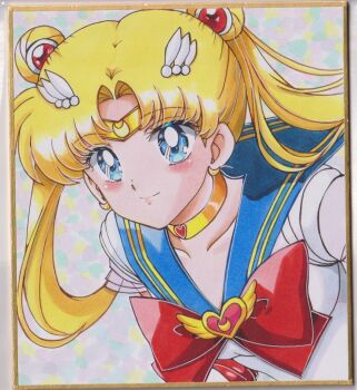 1girl bishoujo_senshi_sailor_moon blonde_hair blue_eyes blue_sailor_collar blush bow bowtie brooch chikoto_(kztc4472) choker closed_mouth collarbone commentary crescent crescent_earrings double_bun earrings hair_bun hair_ornament heart heart_brooch highres jewelry long_hair looking_at_viewer magical_girl parted_bangs red_bow red_bowtie sailor_collar sailor_moon sailor_senshi_uniform shirt short_sleeves smile solo super_sailor_moon traditional_media tsukino_usagi twintails upper_body white_shirt wing_hair_ornament yellow_choker