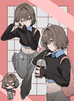 1girl :3 bag black_sweater blue_ribbon blue_shirt brown_hair closed_mouth collared_shirt commentary_request cropped_shirt deformed full_body grey_background grey_pants hair_between_eyes hair_ribbon hand_up heart heart_hands highres holding_cocktail_shaker long_sleeves looking_at_viewer looking_to_the_side maria_(syake-uni) midriff multiple_views navel one_eye_closed original pants pink_background red_eyes ribbon shirt short_hair shoulder_bag simple_background sweater tongue tongue_out upper_body