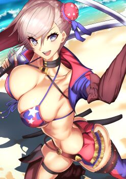 1girl absurdres american_flag american_flag_bikini american_flag_print ass asymmetrical_gloves beach bikini blue_eyes blue_shrug blush breasts brown_gloves bun_cover choker cleavage commentary_request fate/grand_order fate_(series) fingerless_gloves flag_print flag_print_bikini gloves gunblade hair_bun hair_ribbon highres kiteno_kiten large_breasts long_hair long_sleeves looking_at_viewer miyamoto_musashi_(fate) miyamoto_musashi_(fate/grand_order) miyamoto_musashi_(swimsuit_berserker)_(fate) miyamoto_musashi_(swimsuit_berserker)_(second_ascension)_(fate) open_mouth pink_hair print_bikini ribbon sheath shore shrug_(clothing) single_side_bun smile solo swept_bangs swimsuit thighhighs thighs weapon