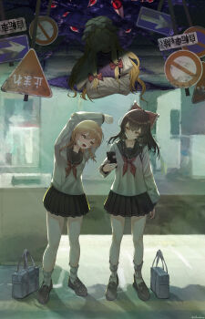 3girls absurdres alternate_costume bag black_sailor_collar black_skirt blonde_hair bow braid brown_eyes brown_hair brown_shoes cellphone commentary contemporary dress frilled_bow frilled_hair_tubes frills gap_(touhou) hair_bow hair_tubes hakurei_reimu hat hat_ribbon head_tilt highres holding holding_phone kirisame_marisa loafers long_hair long_sleeves miniskirt mob_cap multiple_girls multiple_hair_bows neckerchief no_entry_sign ofuda phone pleated_skirt purple_tabard red_bow red_neckerchief red_ribbon ribbon road_sign sailor_collar sailor_shirt school_bag school_uniform shirt shoes side_braid sign single_braid skirt smartphone socks stretching tabard tofuandsoup touhou translation_request twitter_username white_bow white_dress white_hat white_shirt white_socks yakumo_yukari