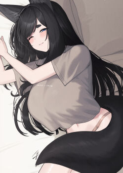 1girl ;) animal_ears black-haired_fox_girl_(hayabusa) blue_eyes blush breasts grey_shirt hayabusa_(vert_320) highres large_breasts long_hair looking_at_viewer lying mole mole_under_eye navel on_side one_eye_closed original panties shirt short_sleeves signature smile solo t-shirt tail thick_eyebrows underwear white_background