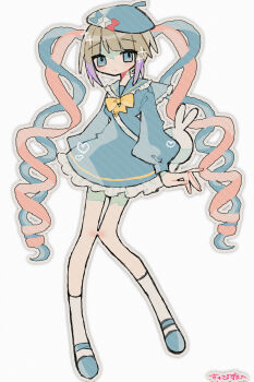 1girl blonde_hair blue_dress blue_eyes blue_hair blue_hat blue_shoes bow bowtie chouzetsusaikawa_tenshi-chan dress frilled_dress frills full_body hat highres knees_together_feet_apart long_hair long_sleeves looking_at_viewer needy_girl_overdose okashira_moppu outline pink_hair shoes short_dress simple_background socks solo twintails very_long_hair white_background white_outline white_socks yellow_bow yellow_bowtie